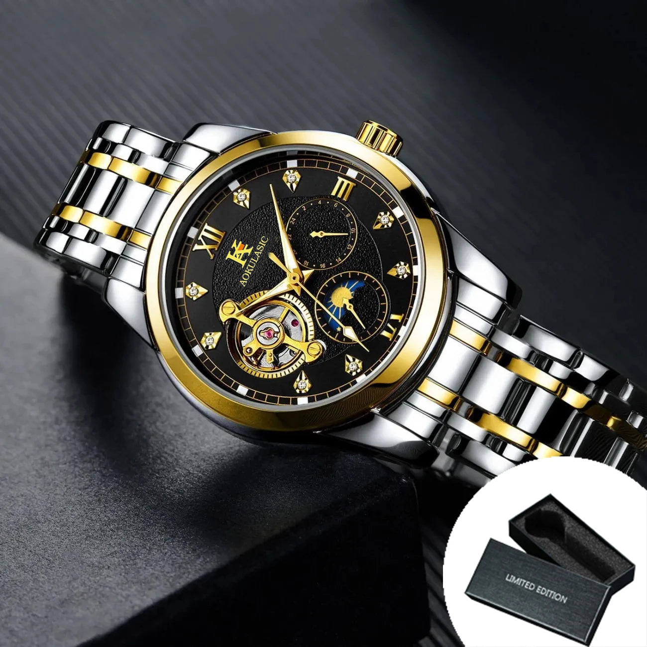 Excellence Luxury Tourbillon Iced Out Automatic Mechanical Watch for Men Luminous Hands Moon Phase Stainless Steel Strap Watches