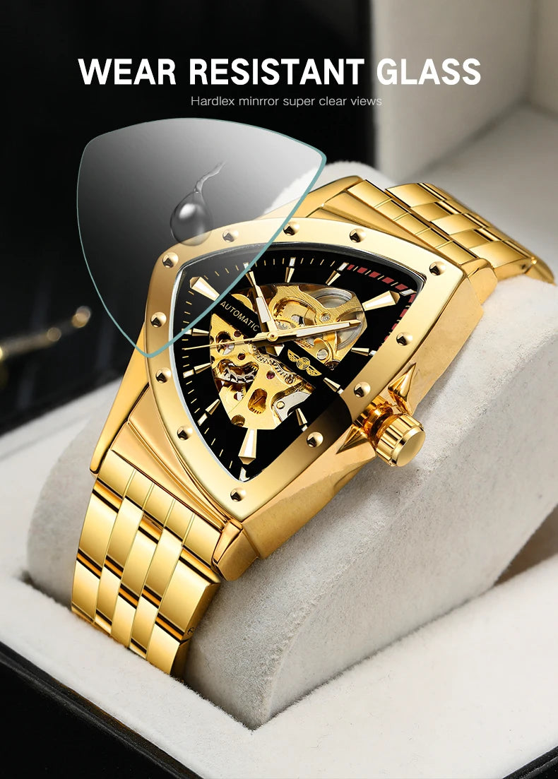 Excellence Military Triangle Skeleton Automatic Watch for Men Gold Sports Mechanical Watches Luxury Rubber strap Luminous