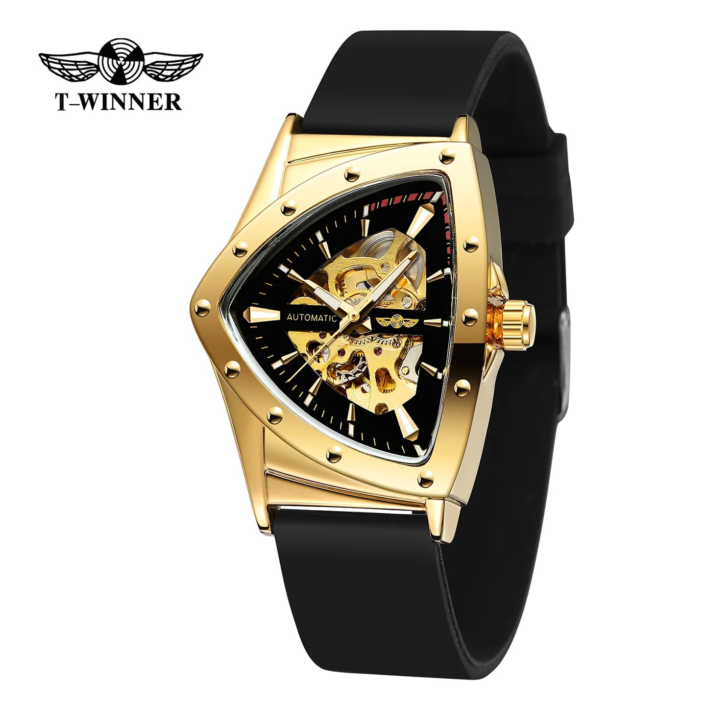 Excellence Military Triangle Skeleton Automatic Watch for Men Gold Sports Mechanical Watches Luxury Rubber strap Luminous