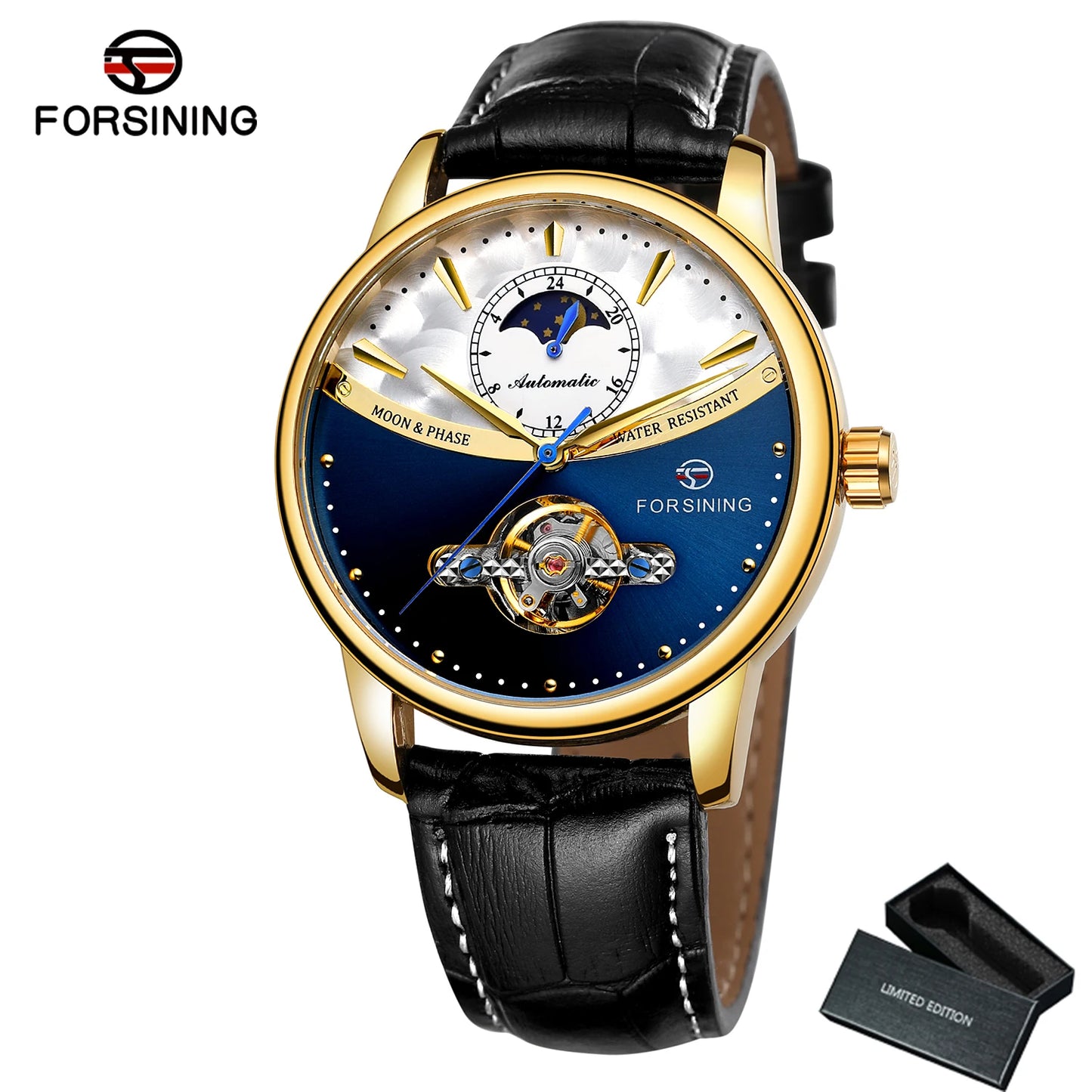 Excellence Luxury Gold Automatic Watch for Men Moon Phase Retro Brown Genuine Leather Belt Tourbillon Skeleton Mechanical Watch