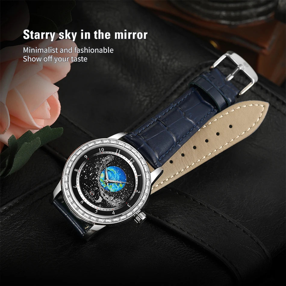 Excellence Design Earth Star Moon Set With Diamonds Genuine Belt Men Mechanical Automatic Watch Waterproof For Business