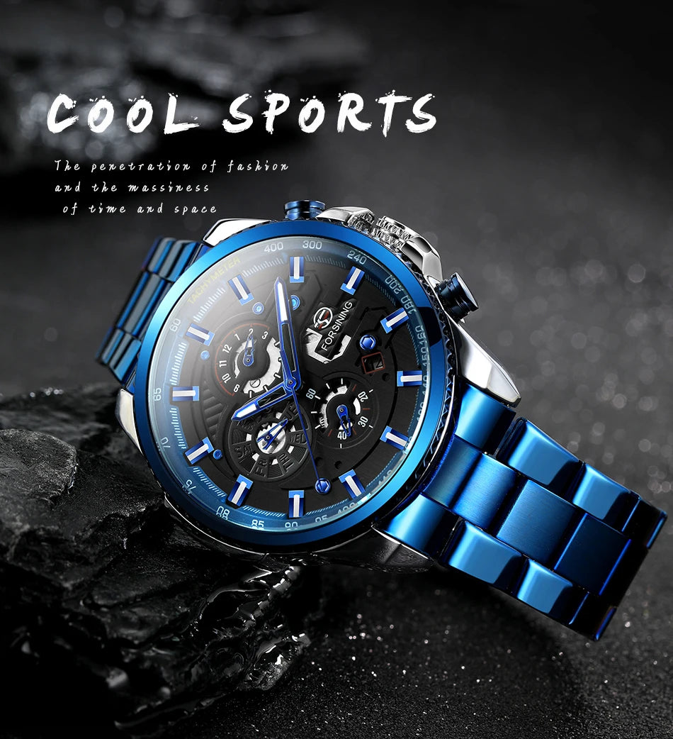 Excellence Sport Waterproof Luminous Blue Big Mechanical Watches Luxury Stainless Steel Men Watch Multifunctional Automatic Date Wristwatch