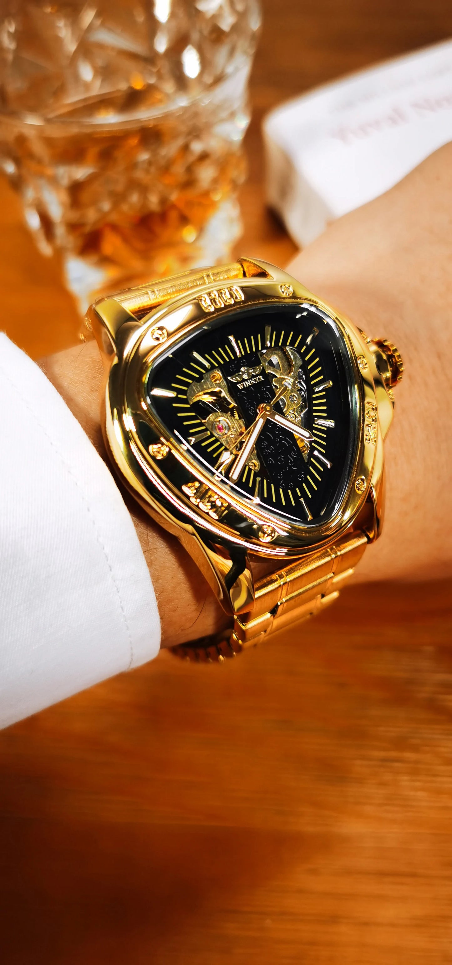 Excellence Military Triangle Skeleton Mechanical Watches for Men Luminous Hands Luxury Brand Leather Belt Sport Gold Automatic Watch