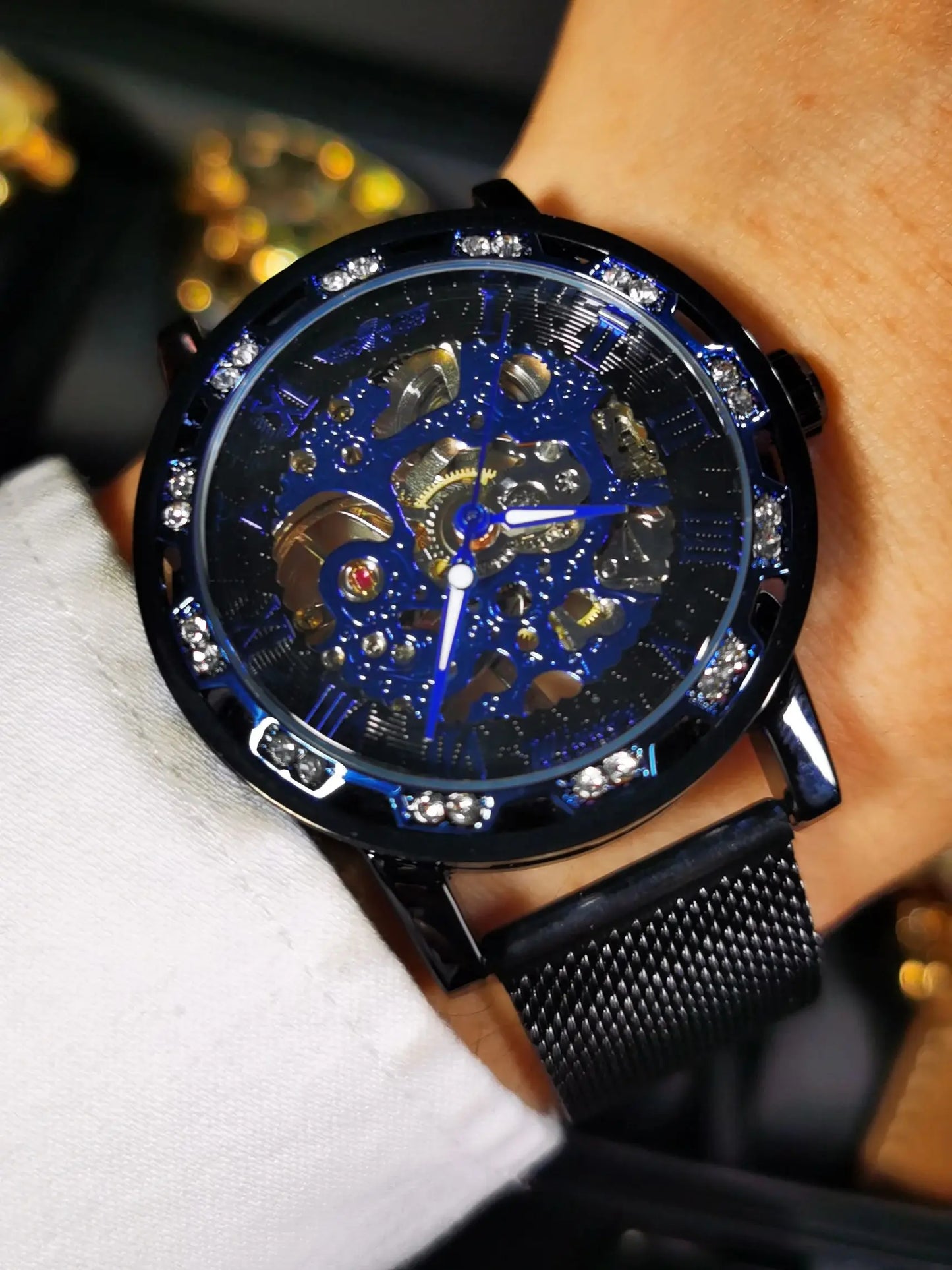 Excellence Classic Retro Mechanical Watches Luxury Iced Out Blue Skeleton Watch for Men Luminous Hands Mesh Stainless Steel Strap