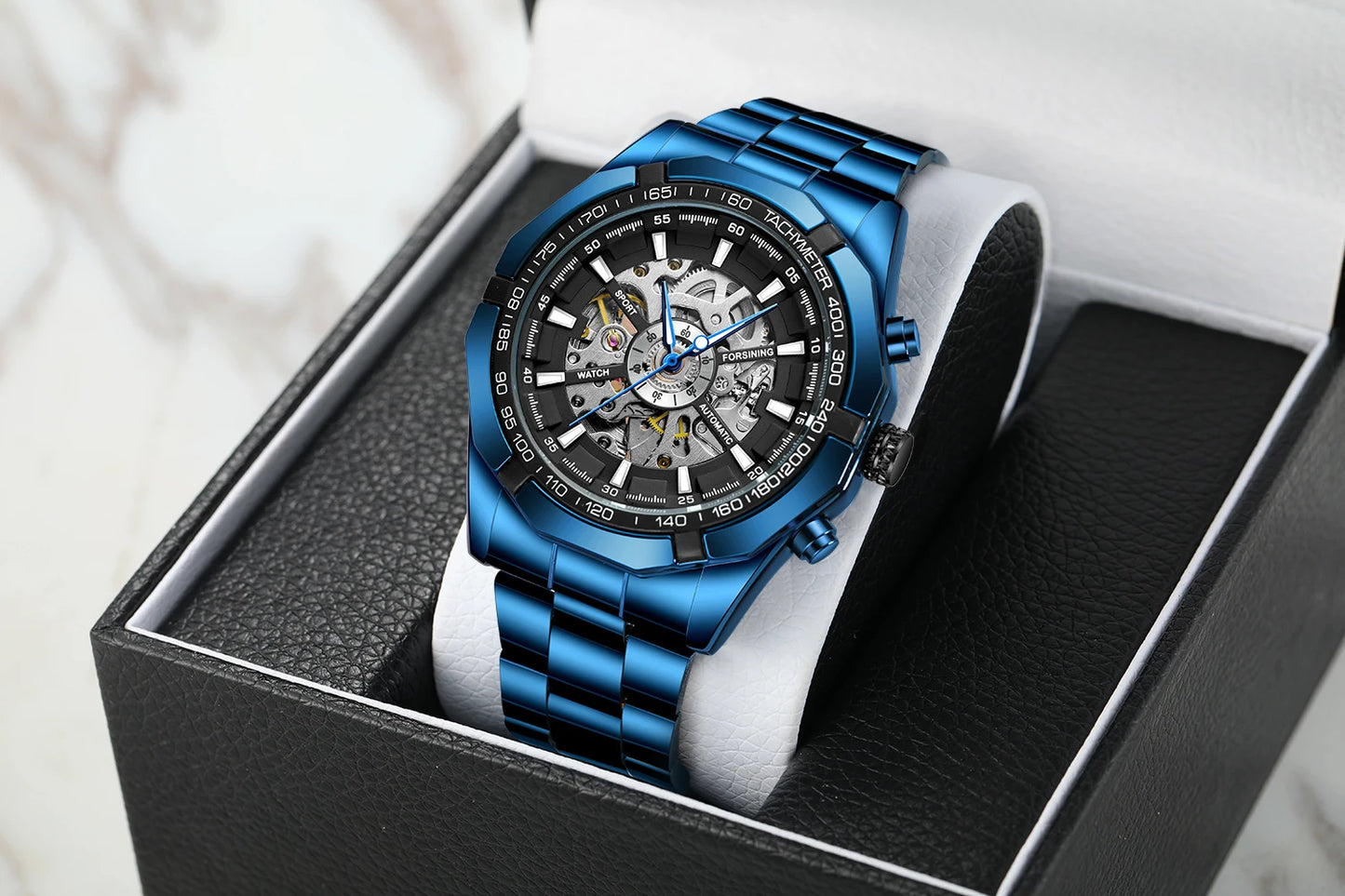 Excellence  New Stainless Steel Waterproof Men Transparent Skeleton Blue Watches Luxury Tourbillion Mechanical Sport reloj hombre