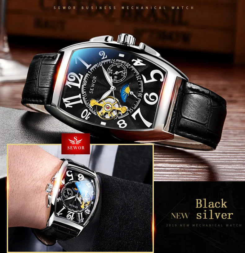 Excellence Luxury Skeleton Automatic Men's Watch Moon Phase Tonneau Tourbillon Mechanical Watches Genuine Leather Strap Luminous Hands