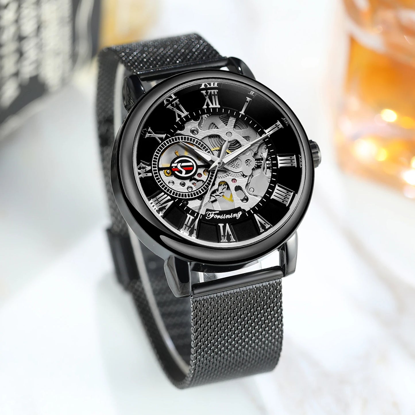 Excellence Classic Gold Mechanical Watch Retro Transparent Skeleton Men's Watches Top Brand Luxury Mesh Stainless Steel Strap Glow