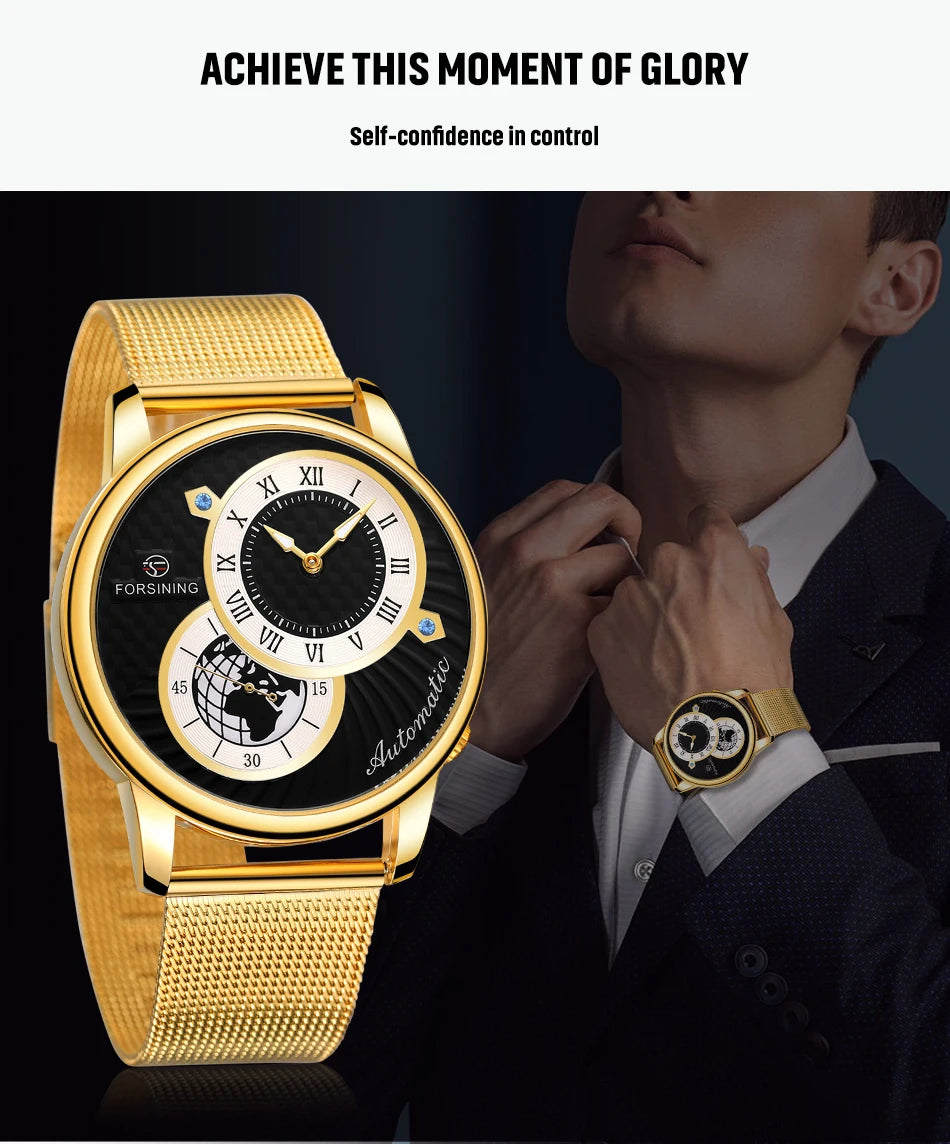 Excellence Earth Image Two Dial Automatic Self-Wind Mechanical Watch Fashion Men watch Waterproof Mesh strap