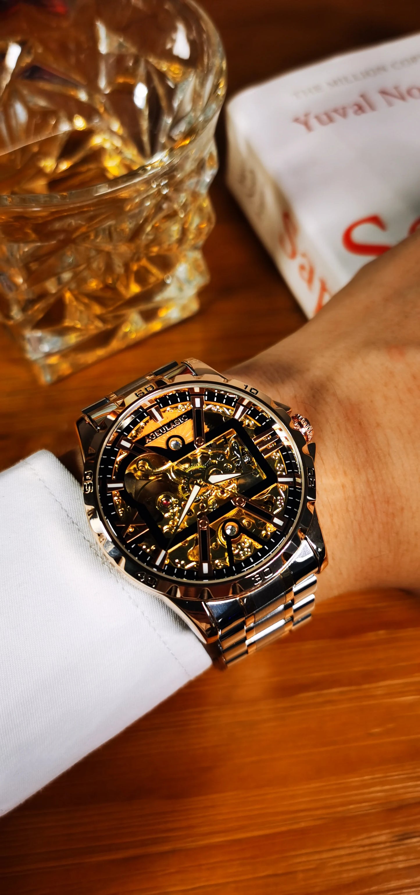 Excellence Brand Military Mechanical Watches Fashion Iced Out Gold Skeleton Automatic Watch for Men Stainless Steel Strap Luminous