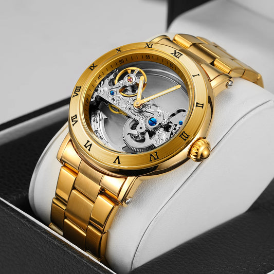 Excellence Gold Bridge Skeleton Automatic Watch for Men Luminous Hands Stainless Steel Leather Strap Luxury Mechanical Watches