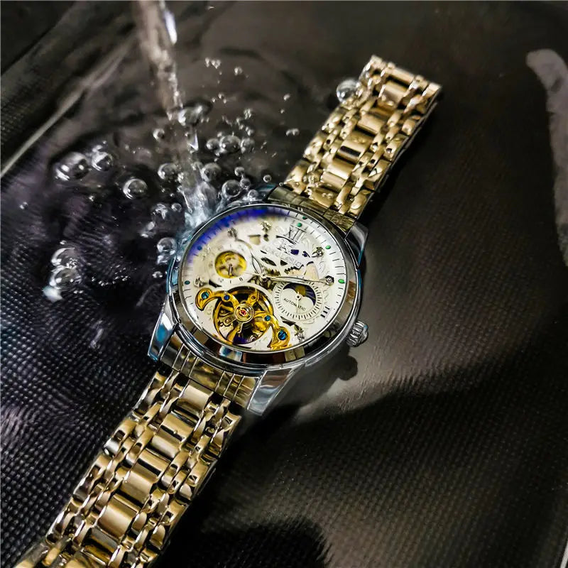 Excellence Luxury Mechanical Watches Moon Phase Fashion Diamond Luminous Hands Tourbillon Skeleton Automatic Men's Watch Steel Strap