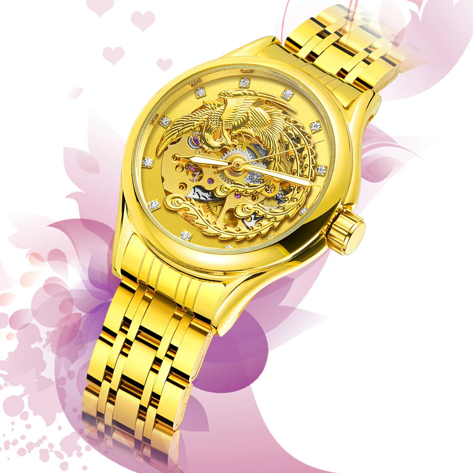 Excellence Skeleton Dial Golden Phoenix Women Fashion Automatic Watch Luxury Waterproof Mechanical Girl Wrist Lady Watch