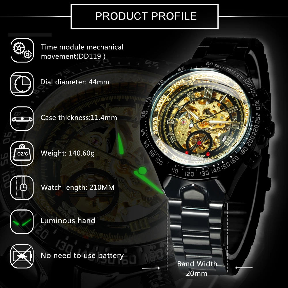 Excellence Gold Transparent Skeleton Automatic Watch for Men Luminous Pointers Luxury Brand Stainless Steel Strap Mechanical Watches