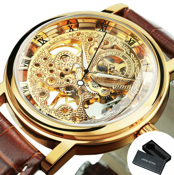 Excellence Transparent Luxury Skeleton Mechanical Watches Casual Leather Strap Gold Watch for Men Luminous Hands Retro Wristwatches