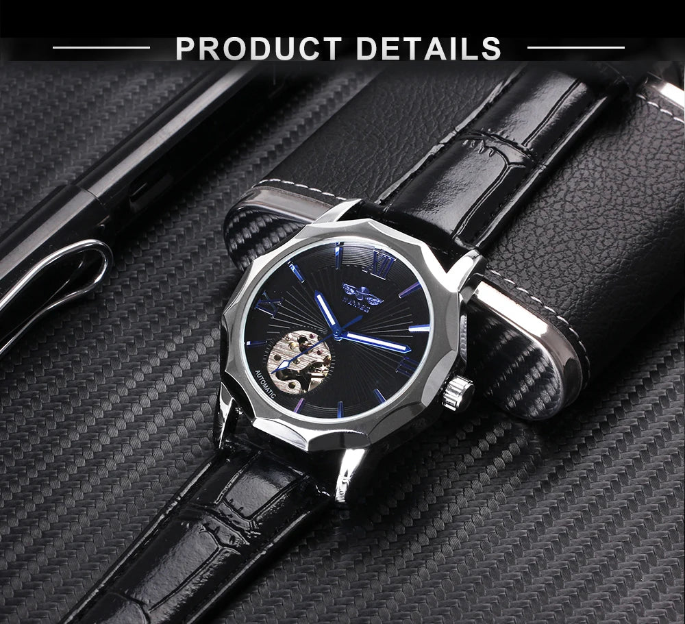 Excellence Business Irregular Skeleton Automatic Mechanical Watch for Men Luminous Hands Leather Steel Strap Fashion Simple Watch