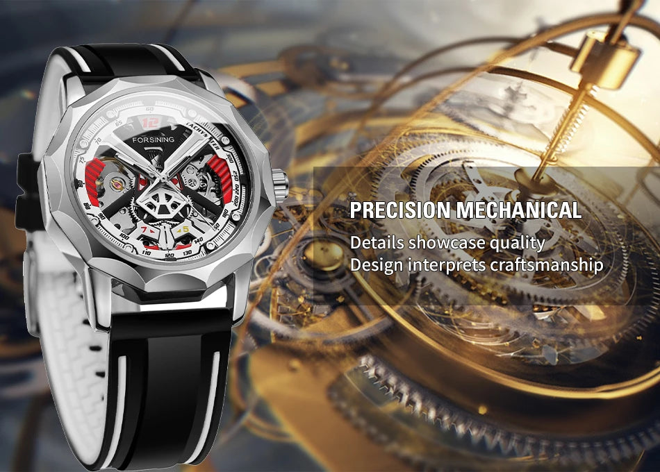 Excellence  Design Fashion Polygon Transparent Skeleton Rubber Band Men Mechanical Watch Luxury Montre Homme men