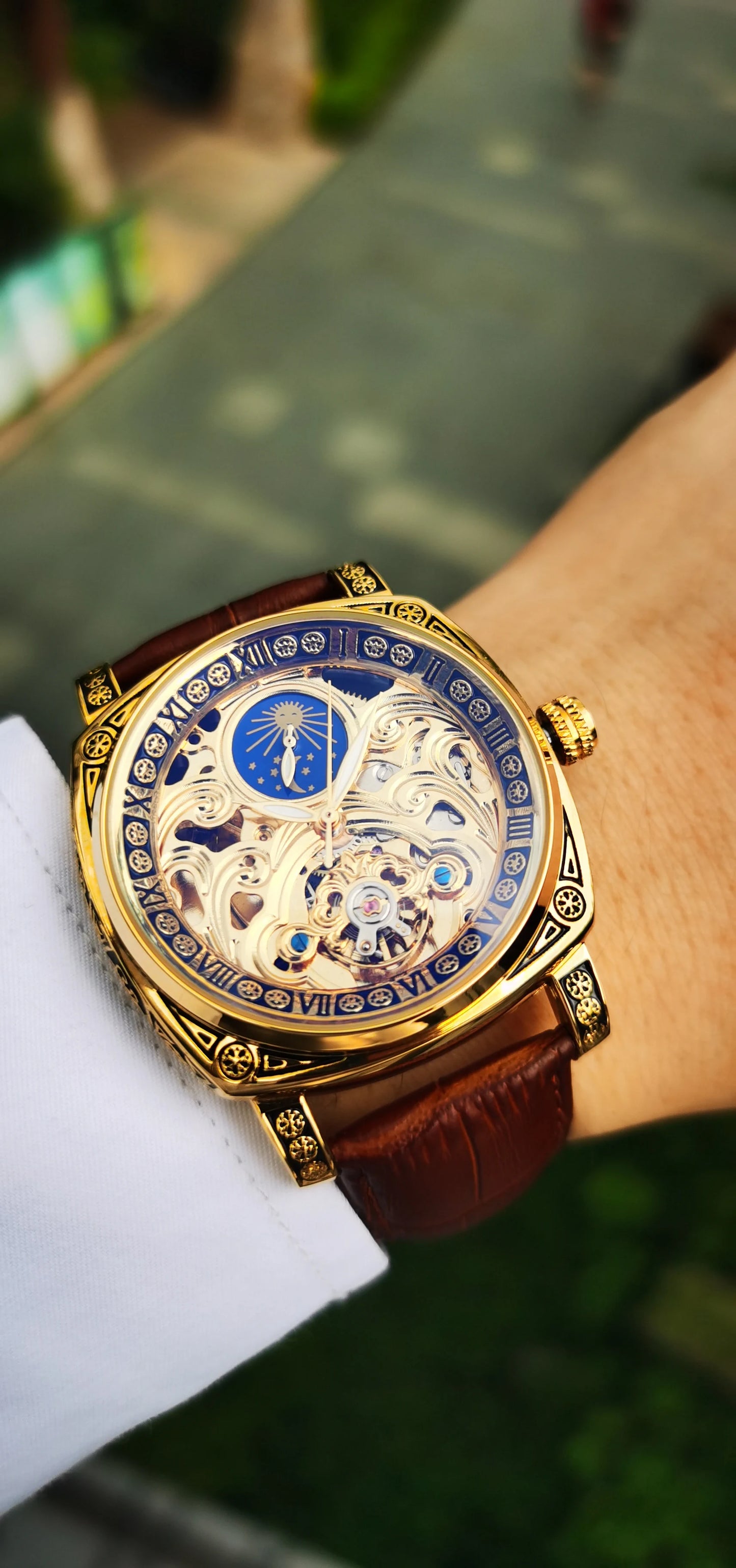 Excellence Mechanical Watches Moon Phase Tourbillon  Gold Automatic Watch for Men Casual Genuine Leather Belt.