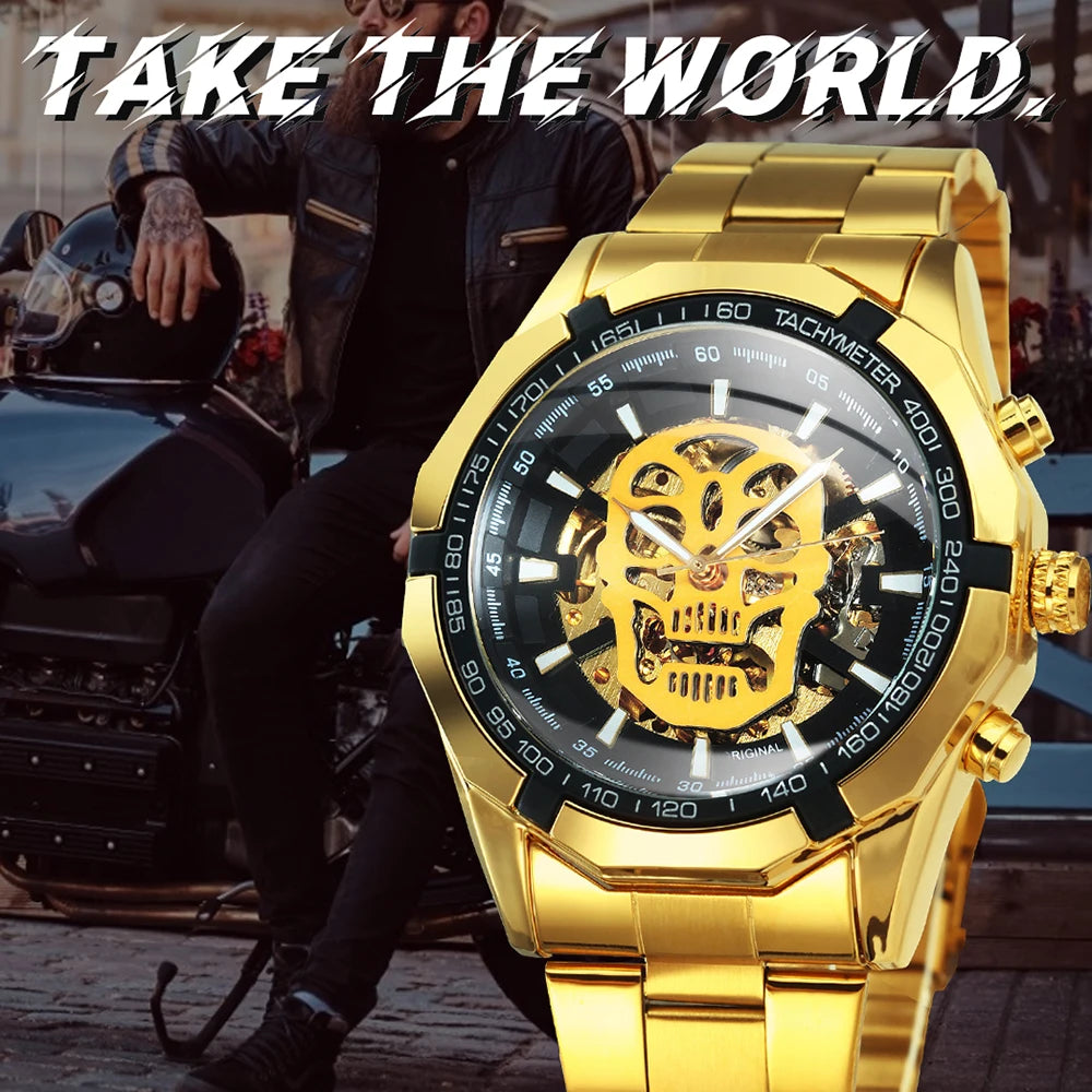 Excellence Classic Military Automatic Watch for Men Luminous Dial Sports Skull Skeleton Mechanical Watches Luxury Steel Band Clock