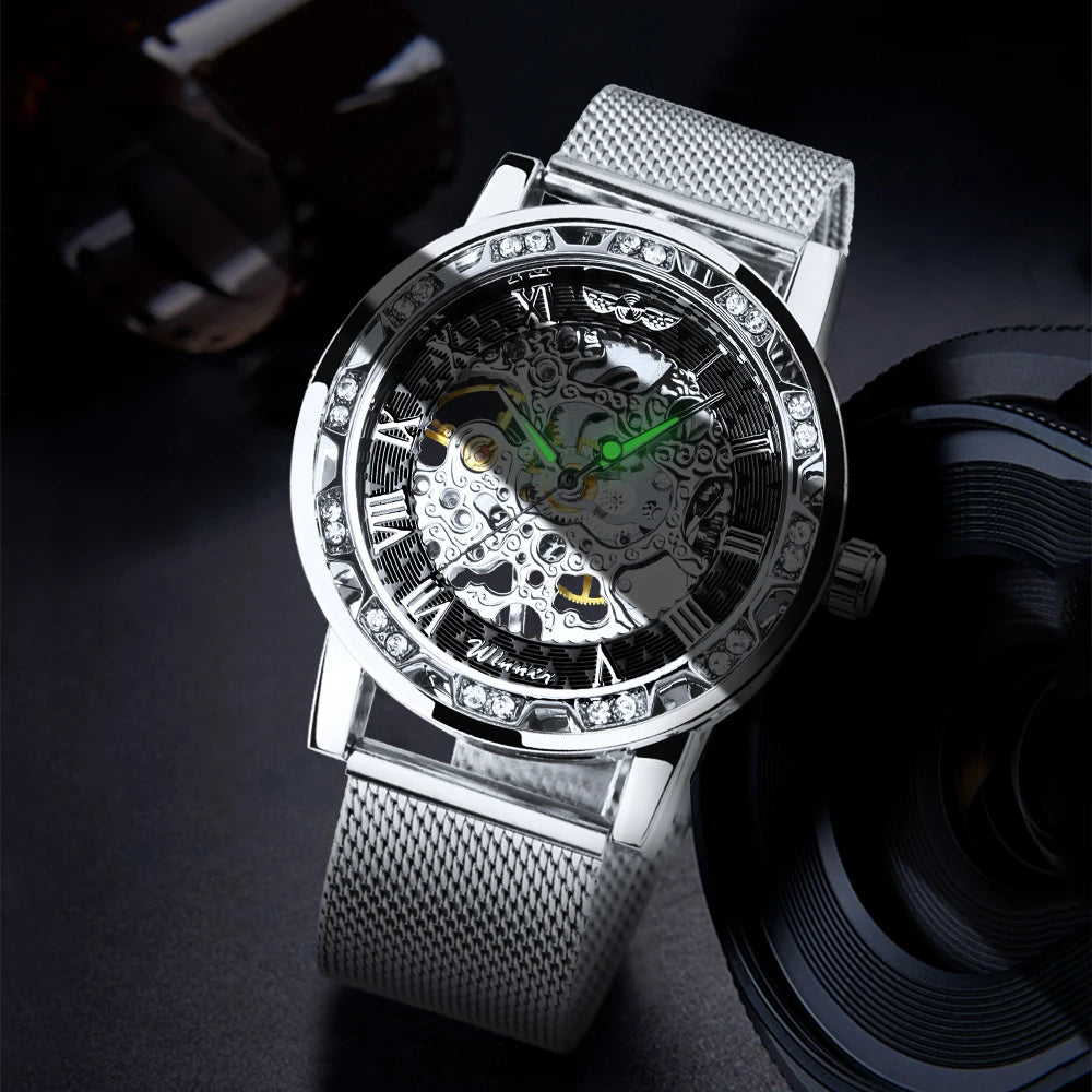 Excellence Classic Retro Mechanical Watches Luxury Iced Out Blue Skeleton Watch for Men Luminous Hands Mesh Stainless Steel Strap