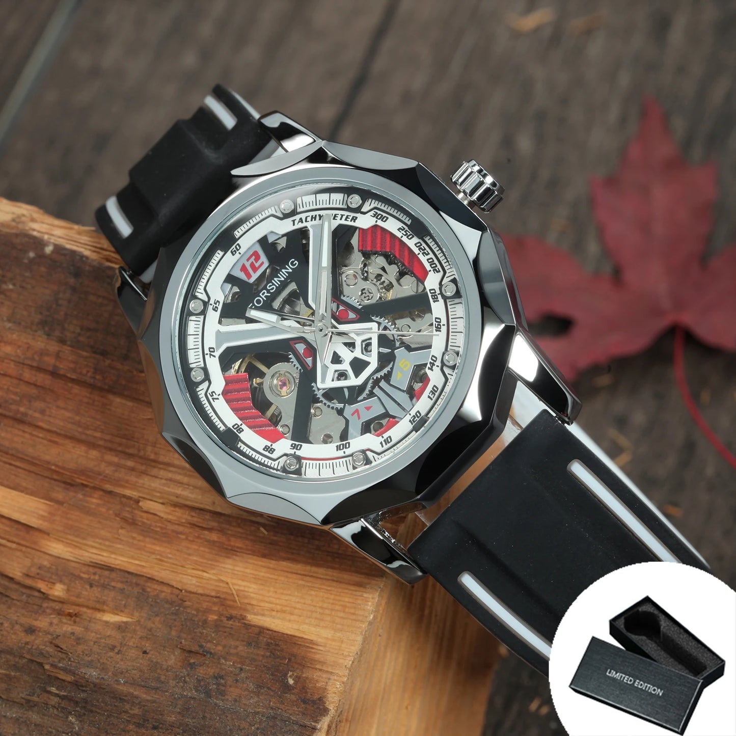 Excellence Fashion Gold Skeleton Mechanical Watches for Men Luminous Hands Casual Black Red Rubber Strap Irregular Sports Watch