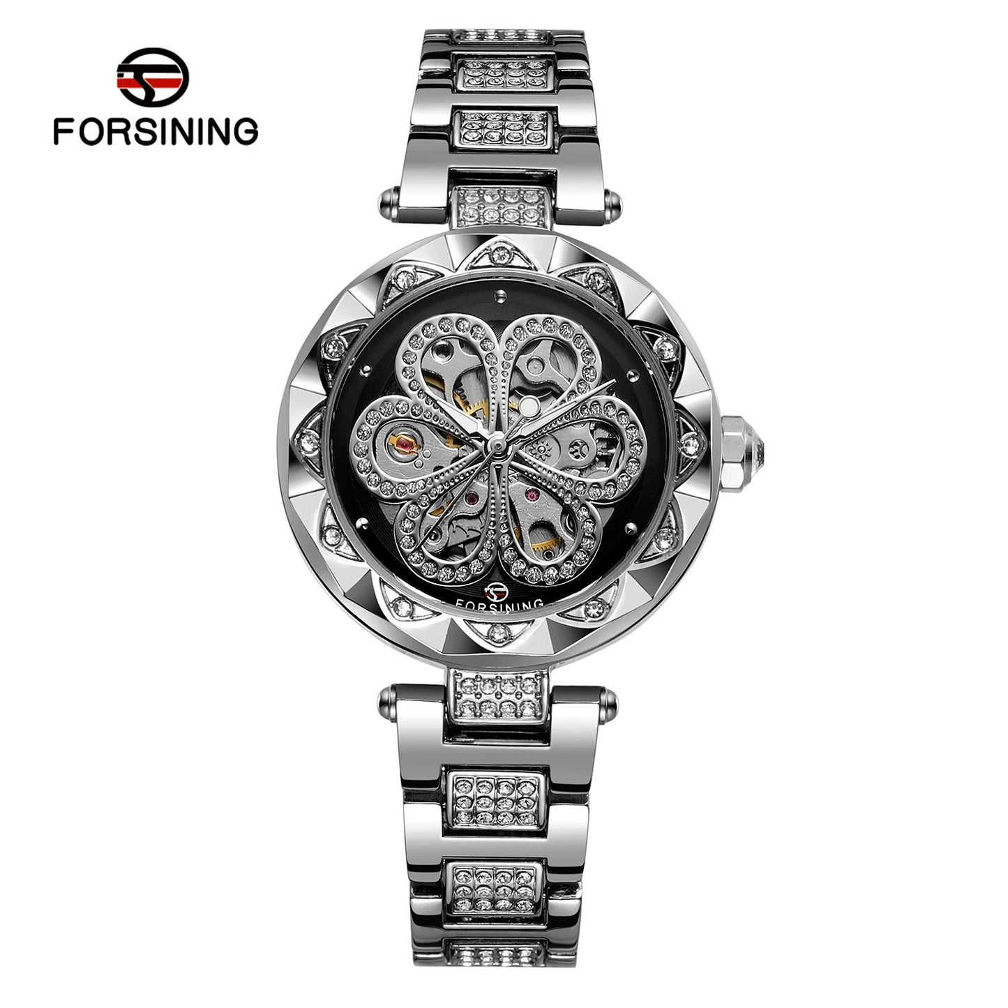 Excellence Skeleton Watch for Women Fashion Classics Diamond Automatic Mechanical Watches Luminous Hands Stainless Steel Strap