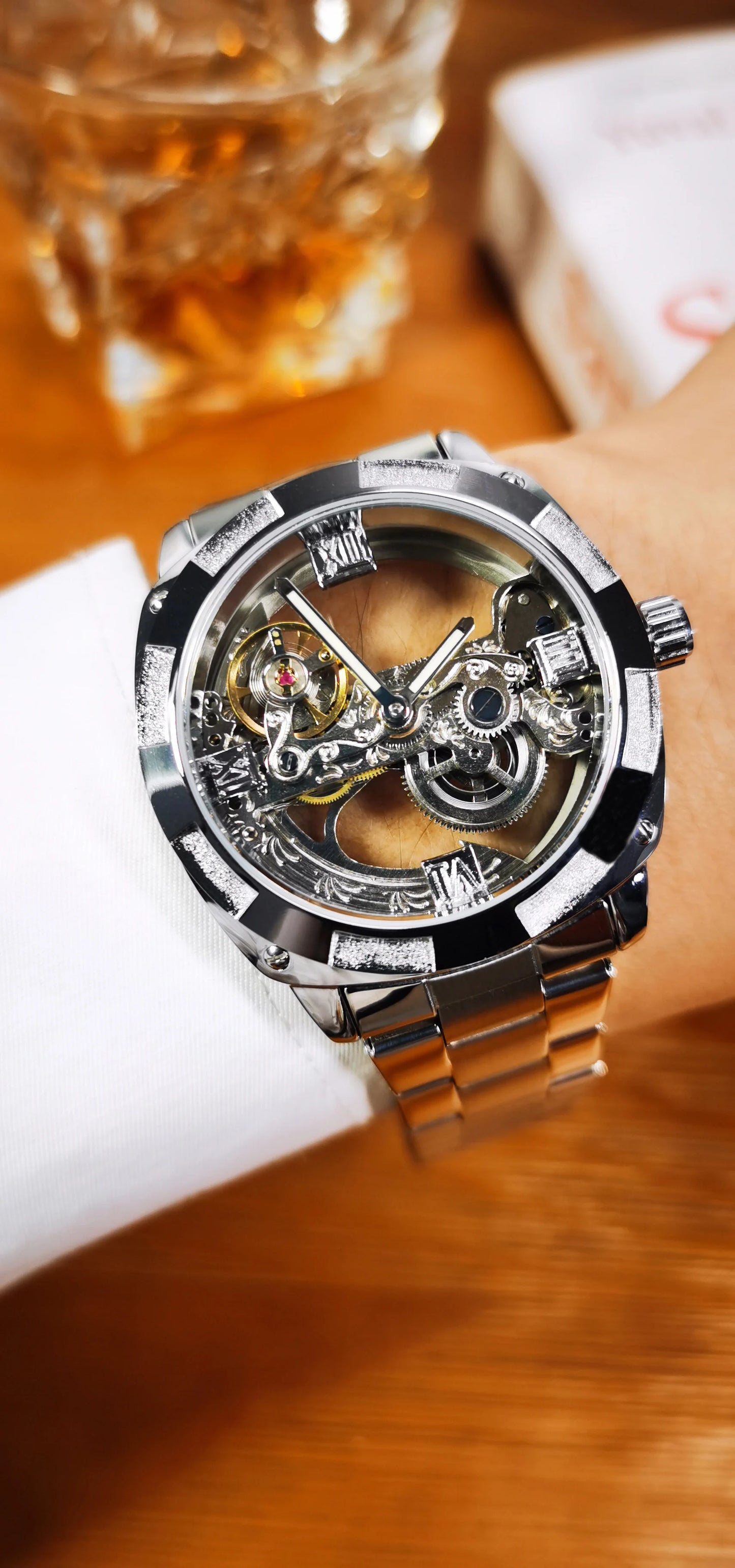 Excellence Luxury Square Skeleton Automatic Men's Watch Golden Bridge Dial Carved Movement Mechanical Waterproof Watches Steel Strap