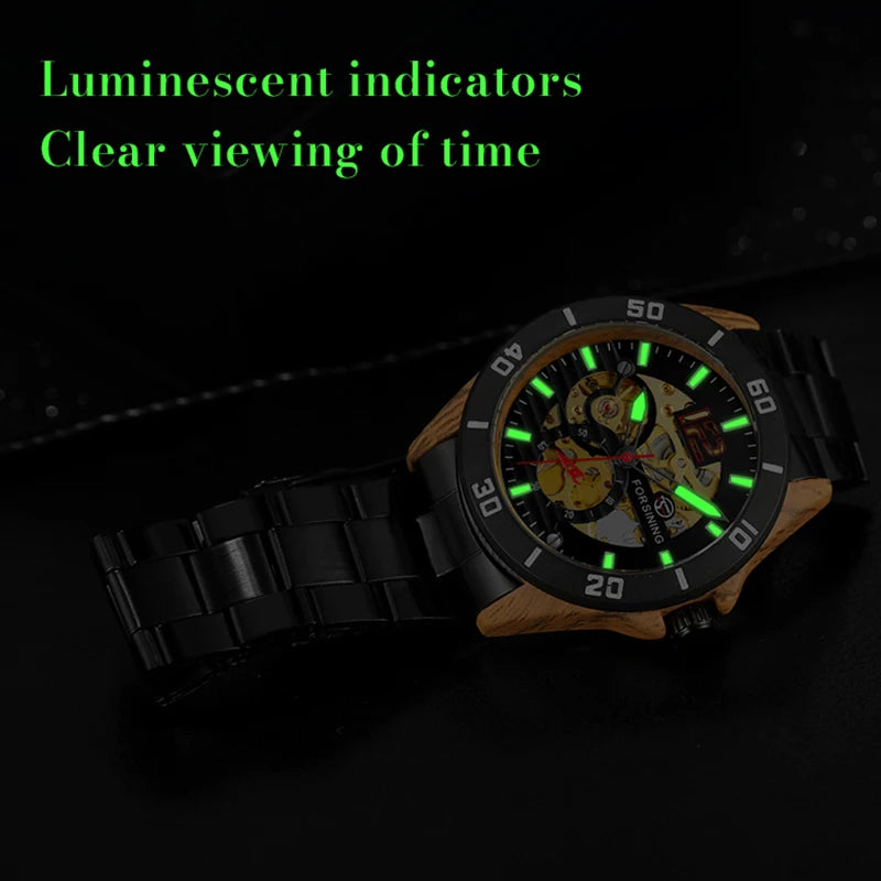 Excellence Luxury  Skeleton Wristwatches Imitation Wood Grain Stainless Steel Strip Automatic Watches for Men Transparent Watch