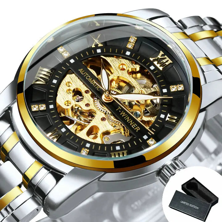 Excellence Gold Black Mechanical Watches Classic Retro Iced Out Skeleton Automatic Watch for Men Stainless Steel Band Luminous Hands