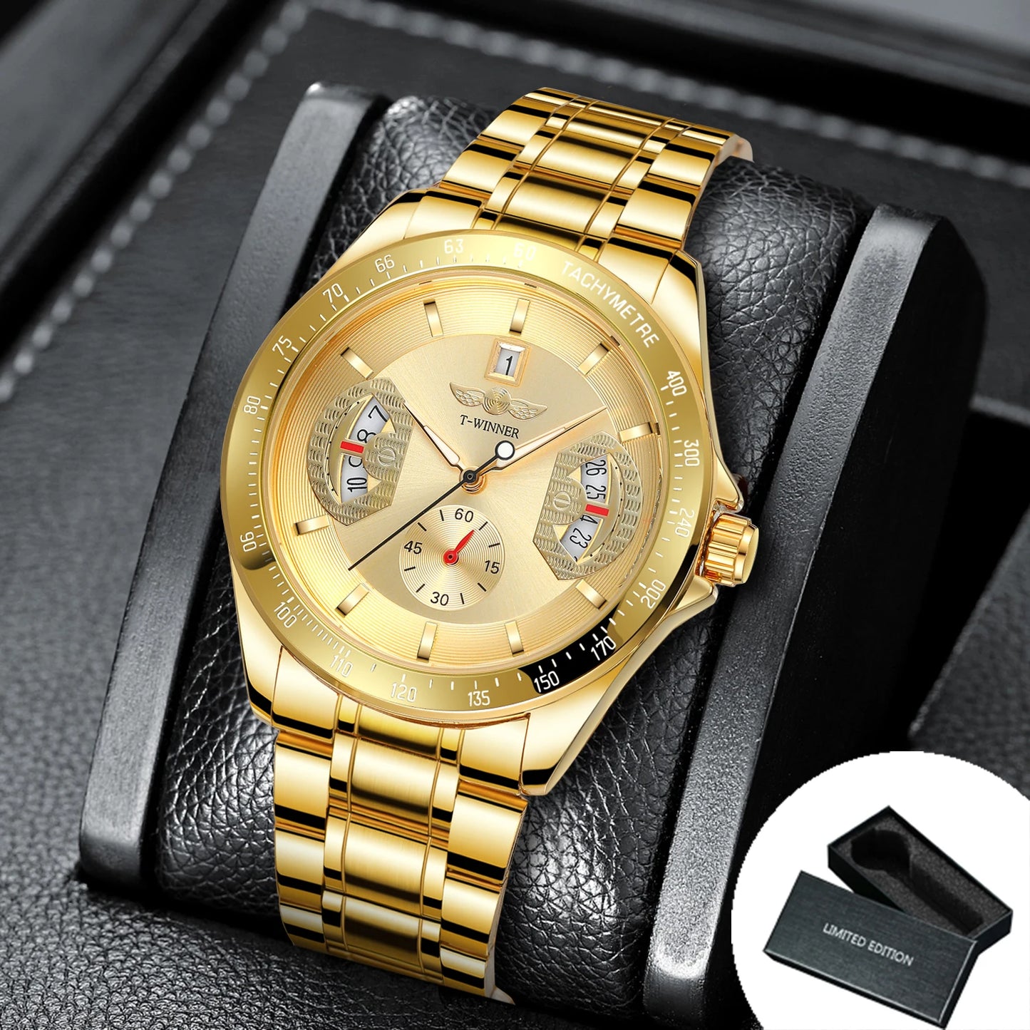 Excellence Sports Gold Automatic Watch for Men Date Display Luminous Hands Stainless Steel Strap Top Brand Luxury Mechanical Watch