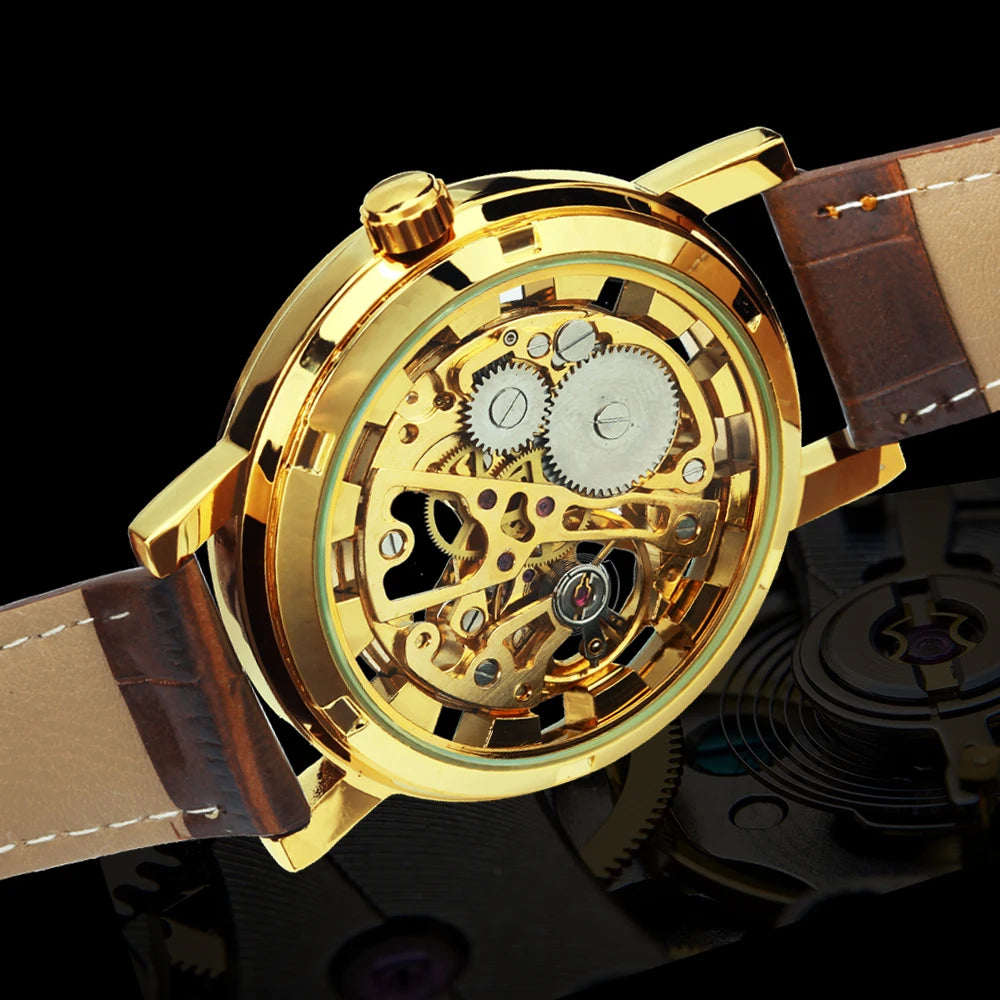 Excellence Transparent Luxury Skeleton Mechanical Watches Casual Leather Strap Gold Watch for Men Luminous Hands Retro Wristwatches