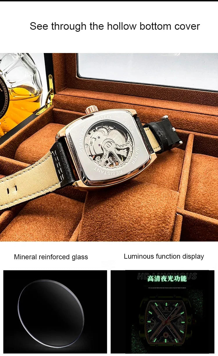 Excellence  Rose Gold Mechanical Watches Luxury Brand Skeleton Automatic Watch for Men Engraved Movement Leather Strap