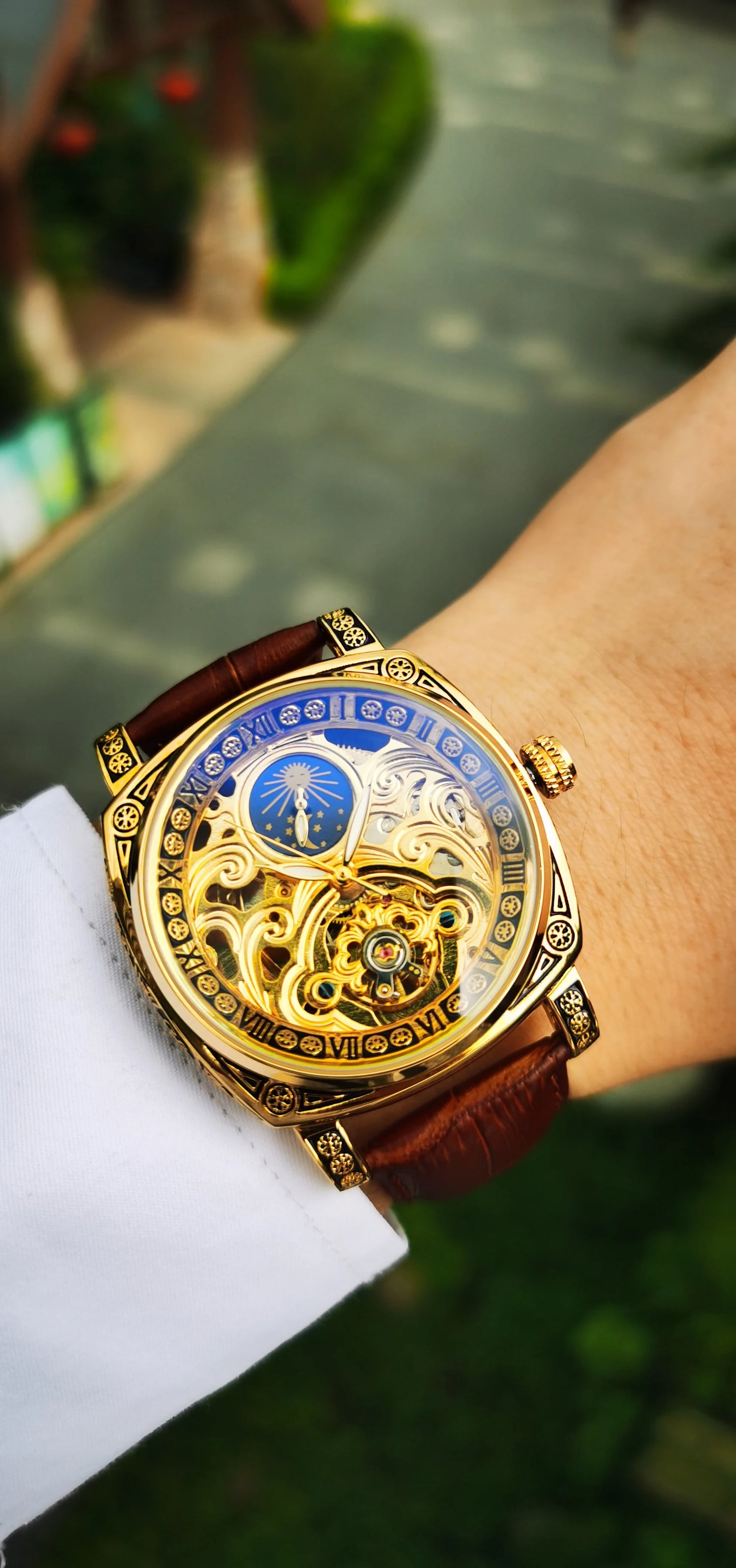 Excellence Mechanical Watches Moon Phase Tourbillon  Gold Automatic Watch for Men Casual Genuine Leather Belt.