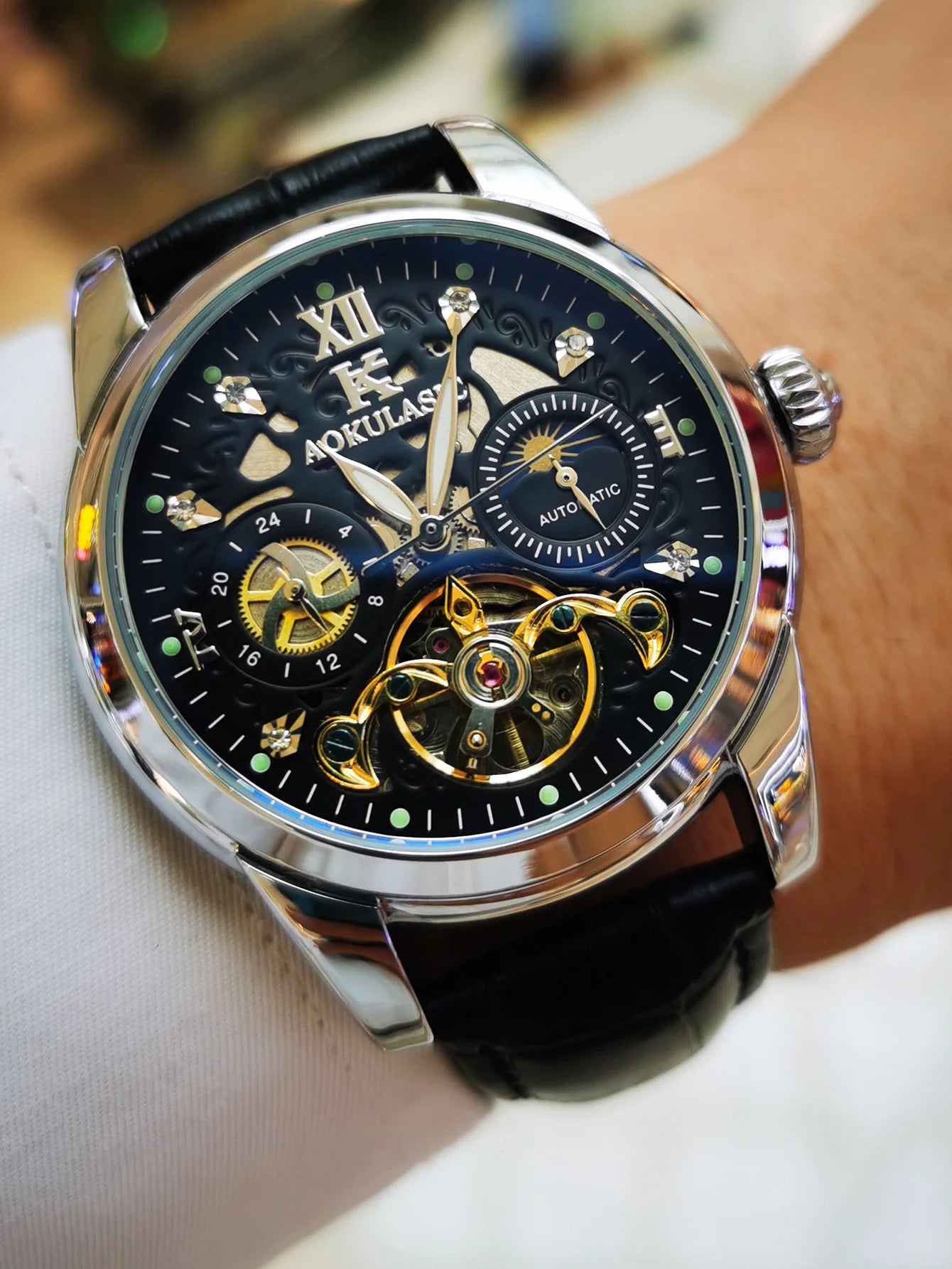 Excellence Skeleton Men's Watches Top Brand Luxury Moon Phase 24 Hours Display Iced Out Automatic Mechanical Watch Leather Strap