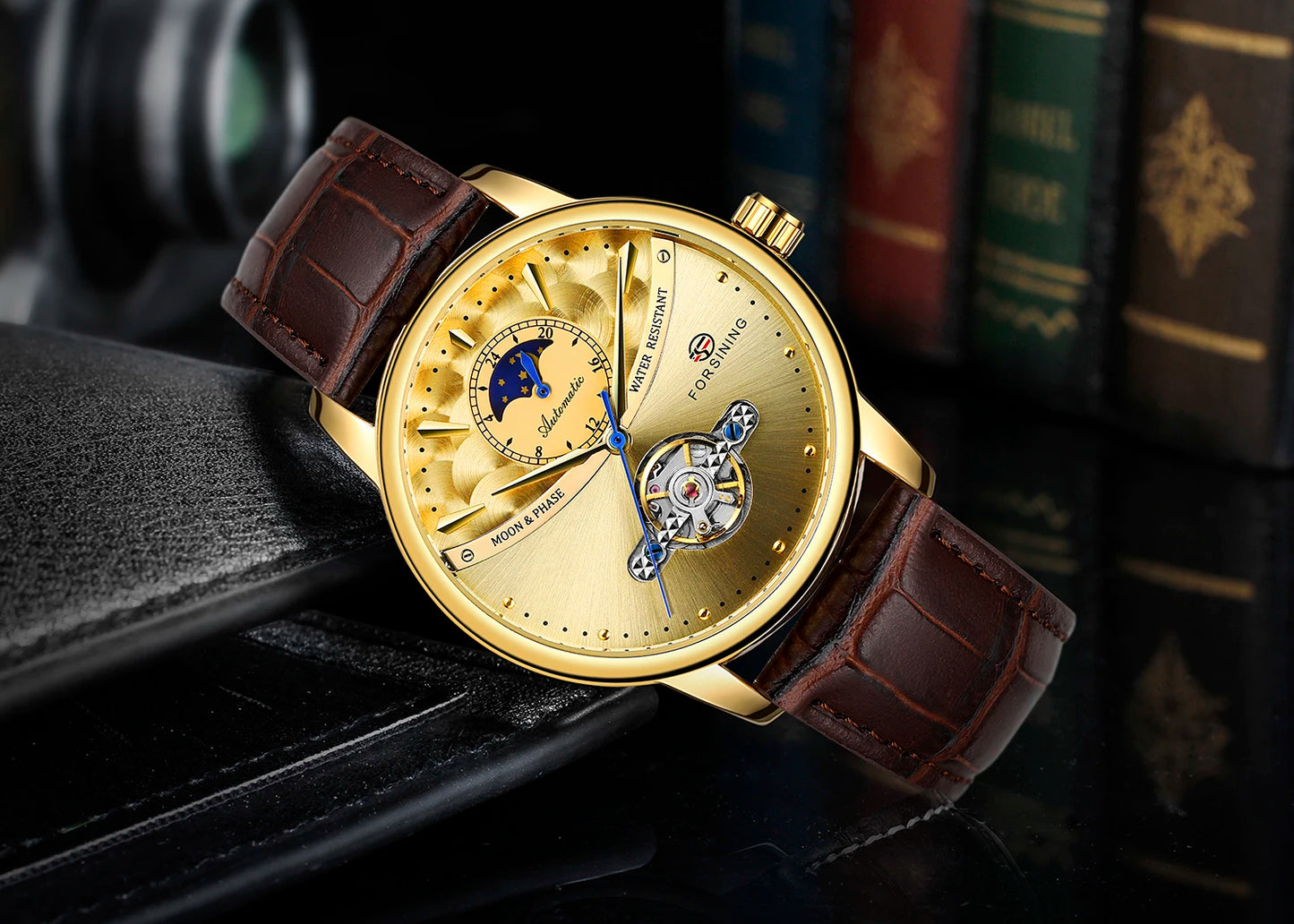 Excellence Luxury Gold Automatic Watch for Men Moon Phase Retro Brown Genuine Leather Belt Tourbillon Skeleton Mechanical Watch