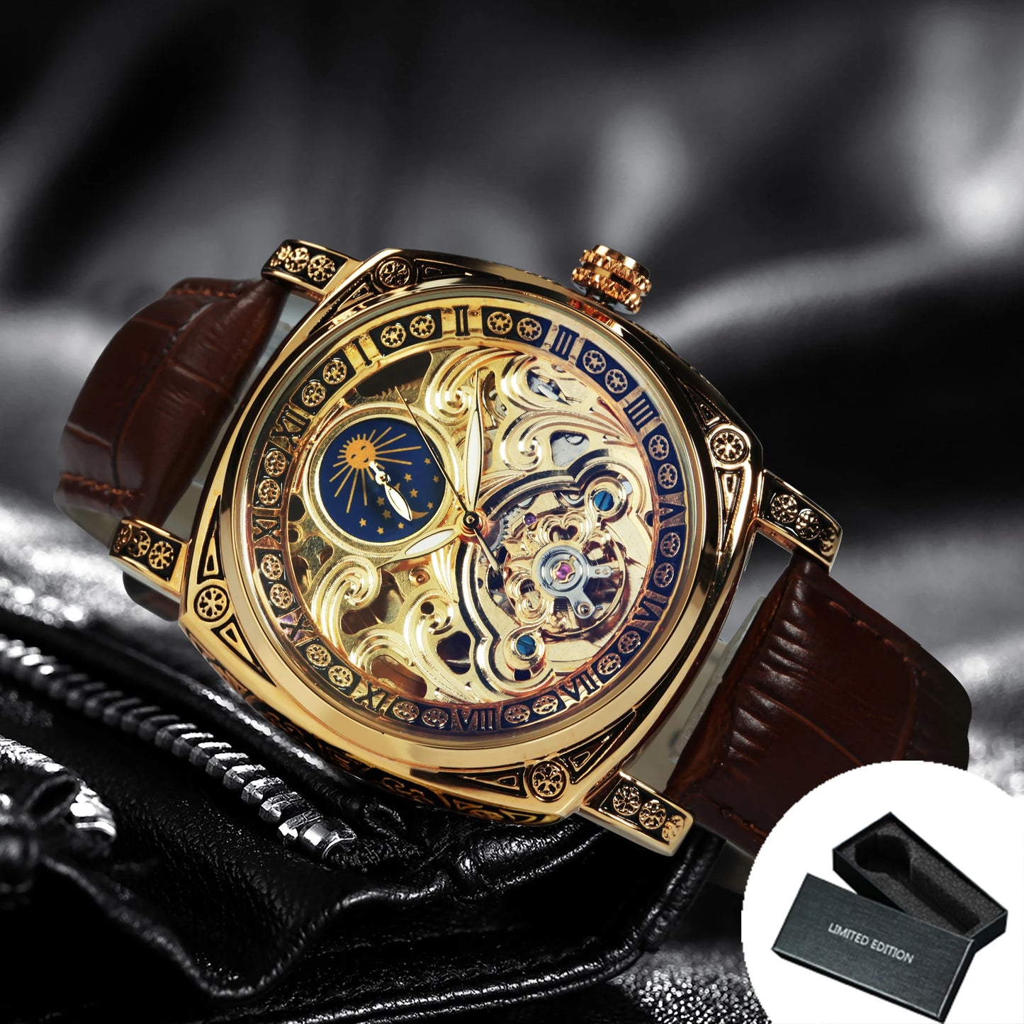 Excellence Mechanical Watches Moon Phase Tourbillon  Gold Automatic Watch for Men Casual Genuine Leather Belt.