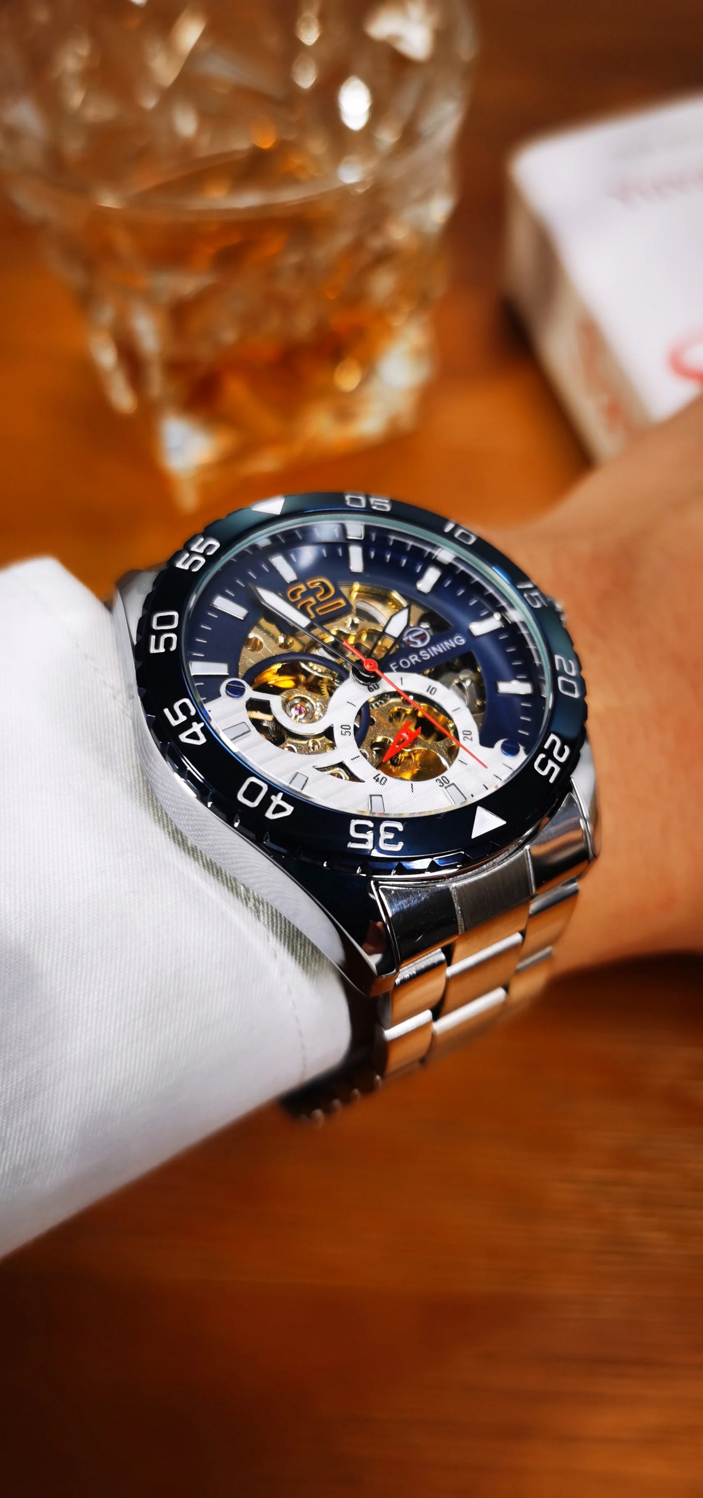 Excellence Skeleton Men's Watch Blue Rotatable Bezel Luxury Automatic Mechanical Watches Stainless Steel Band Wristwatch