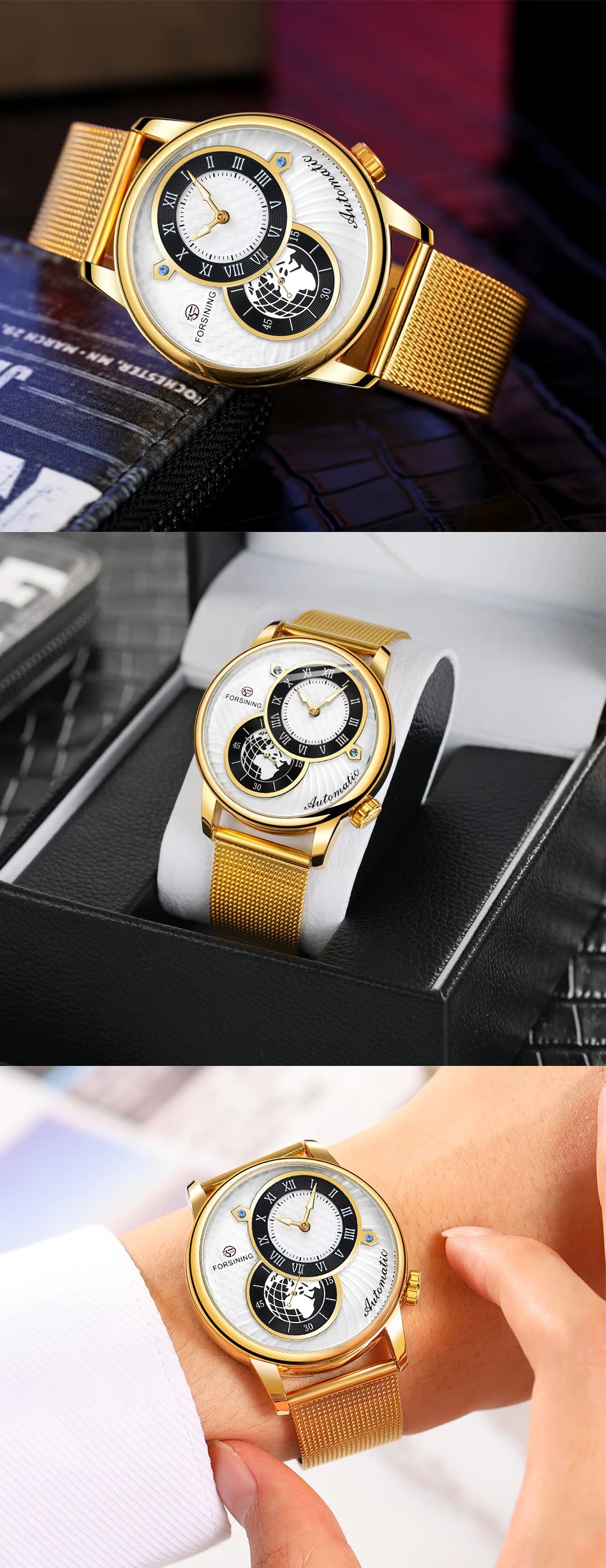 Excellence Earth Image Two Dial Automatic Self-Wind Mechanical Watch Fashion Men watch Waterproof Mesh strap