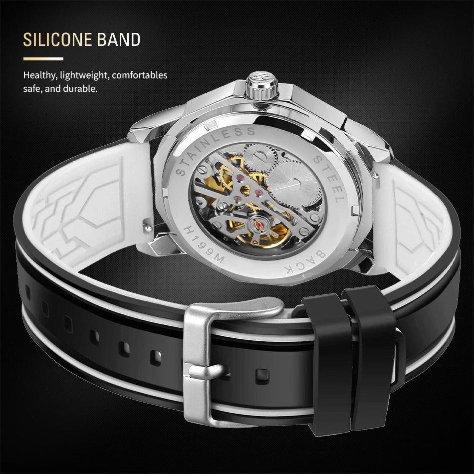 Excellence  Design Fashion Polygon Transparent Skeleton Rubber Band Men Mechanical Watch Luxury Montre Homme men