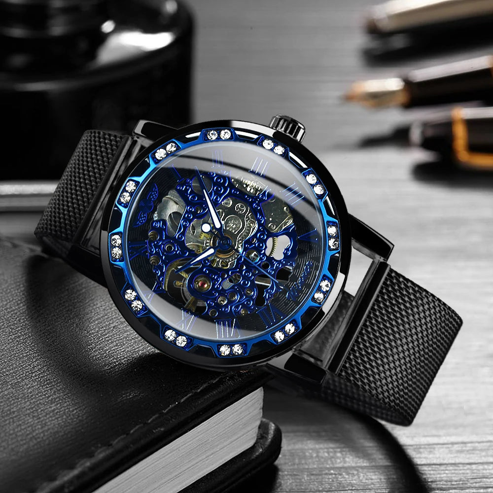 Excellence Classic Retro Mechanical Watches Luxury Iced Out Blue Skeleton Watch for Men Luminous Hands Mesh Stainless Steel Strap