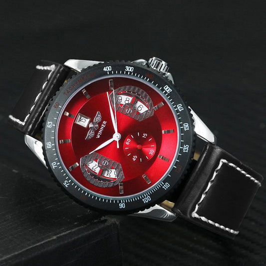 Excellence  Sports Skeleton Mechanical Watches Red Multifunction Dial Date Display Casual Leather Strap Military Automatic Men's Watch