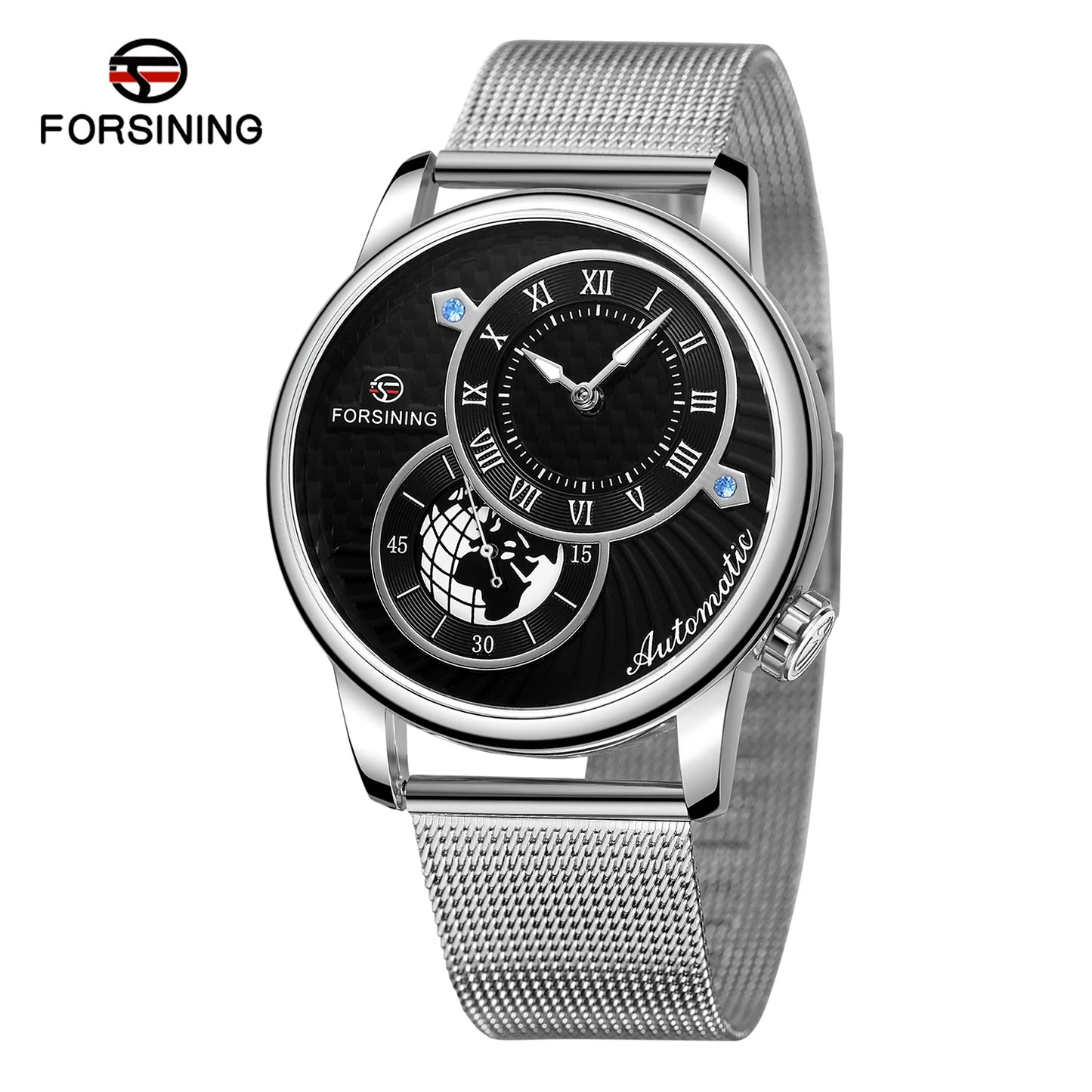 Excellence Earth Image Two Dial Automatic Self-Wind Mechanical Watch Fashion Men watch Waterproof Mesh strap