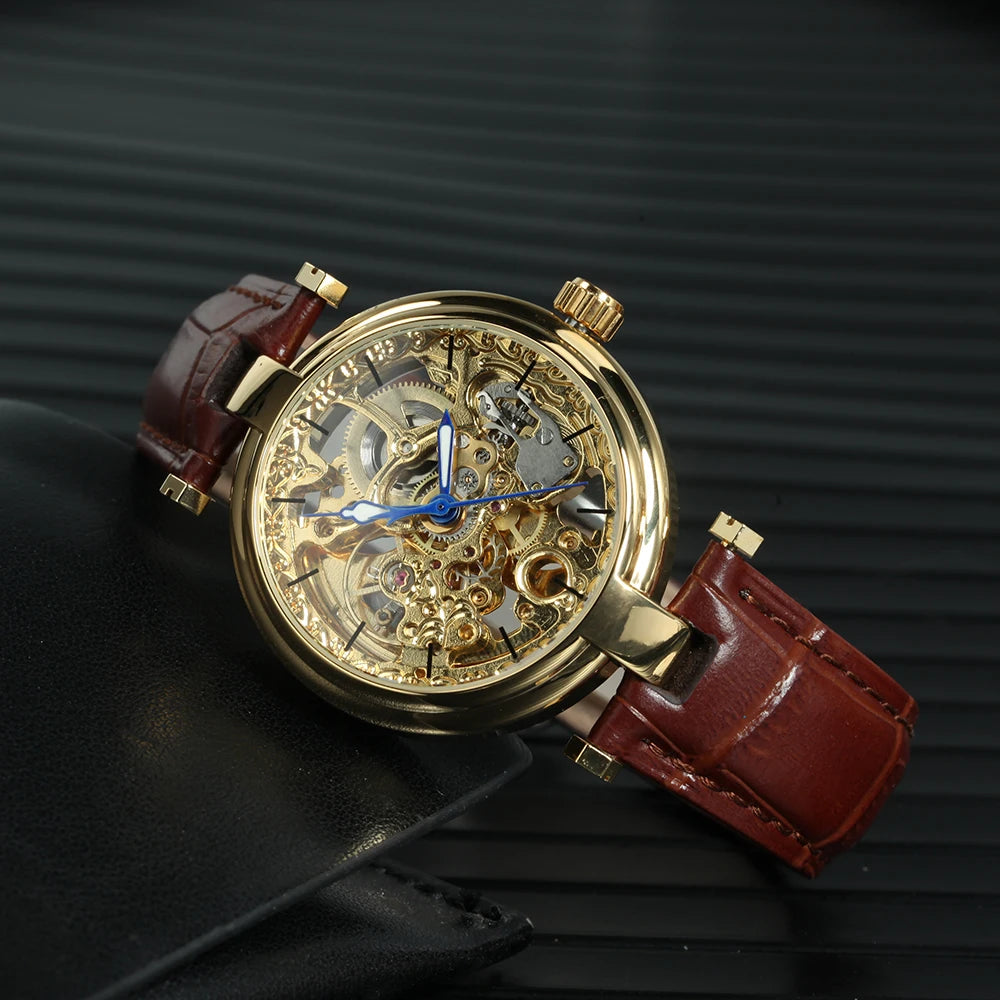 Excellence Fashion Luxury Skeleton Automatic Watch for Women Luminous Hands Elegant Gold Mechanical Ladies Watches Leather Strap