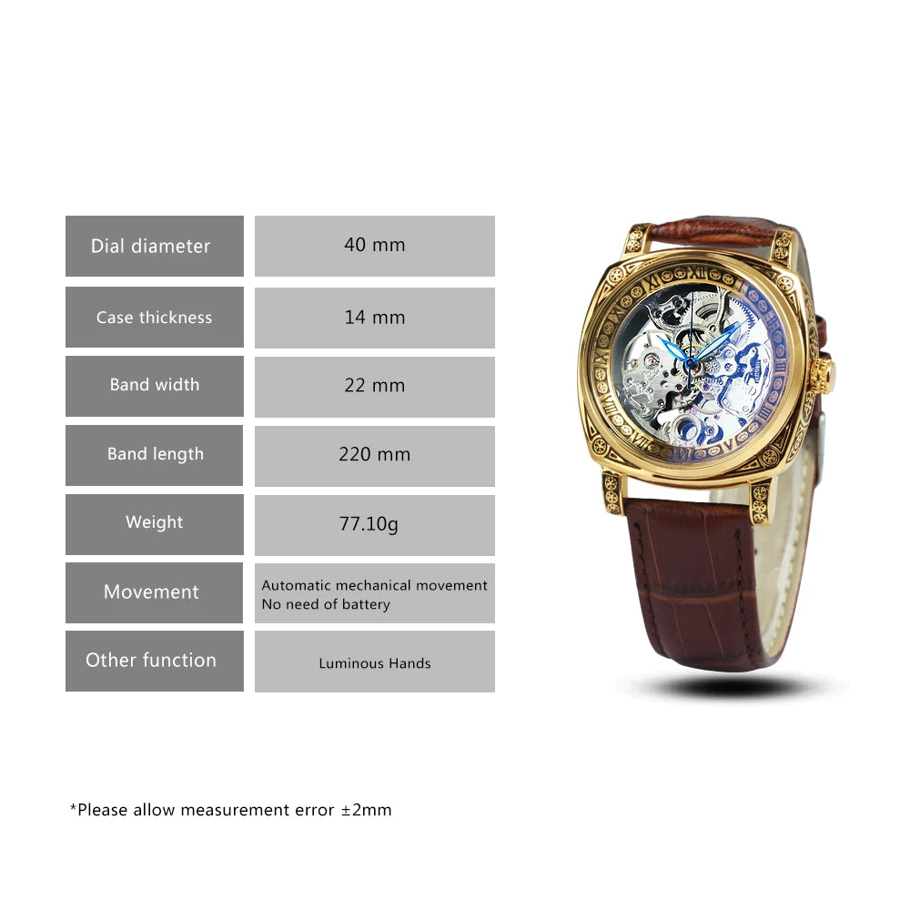 Excellence Gold Mechanical Men's Watches Top Brand Luxury Skeleton Automatic Watch Engraved Movement genuine Leather Strap 2024