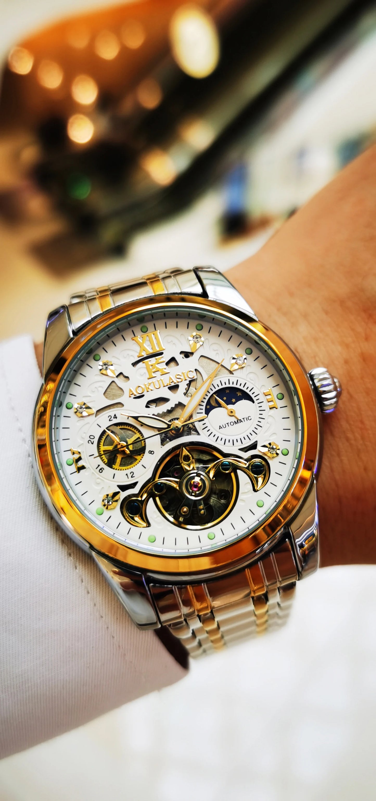 Excellence Luxury Mechanical Watches Moon Phase Fashion Diamond Luminous Hands Tourbillon Skeleton Automatic Men's Watch Steel Strap