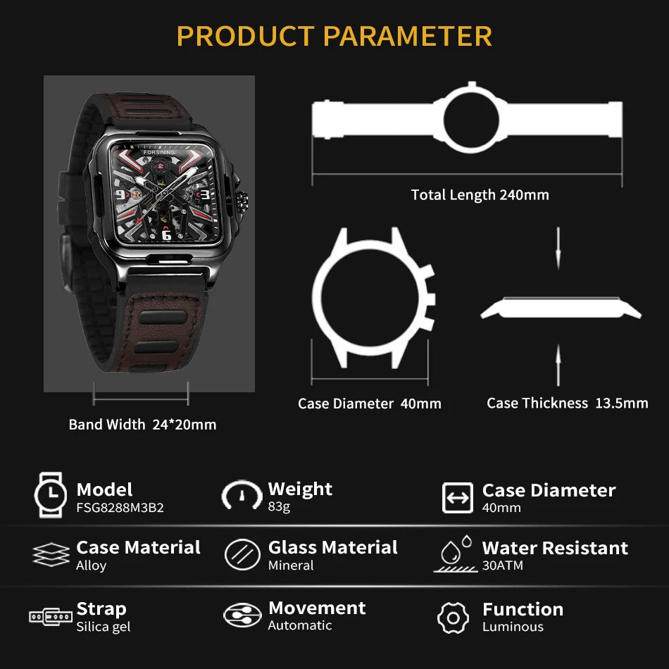 Excellence Original Square Skeleton Mechanical Men Watch Automatic Movement Clock Field Sport Rubber Band Luxury Replica Watches