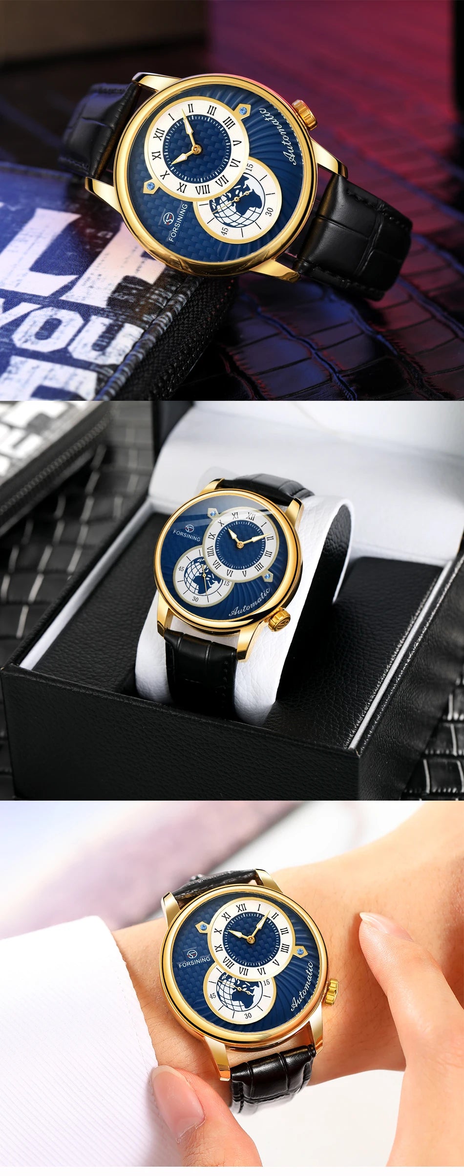 Excellence Earth Image Two Dial Automatic Self-Wind Mechanical Watch Fashion Men watch Waterproof Mesh strap