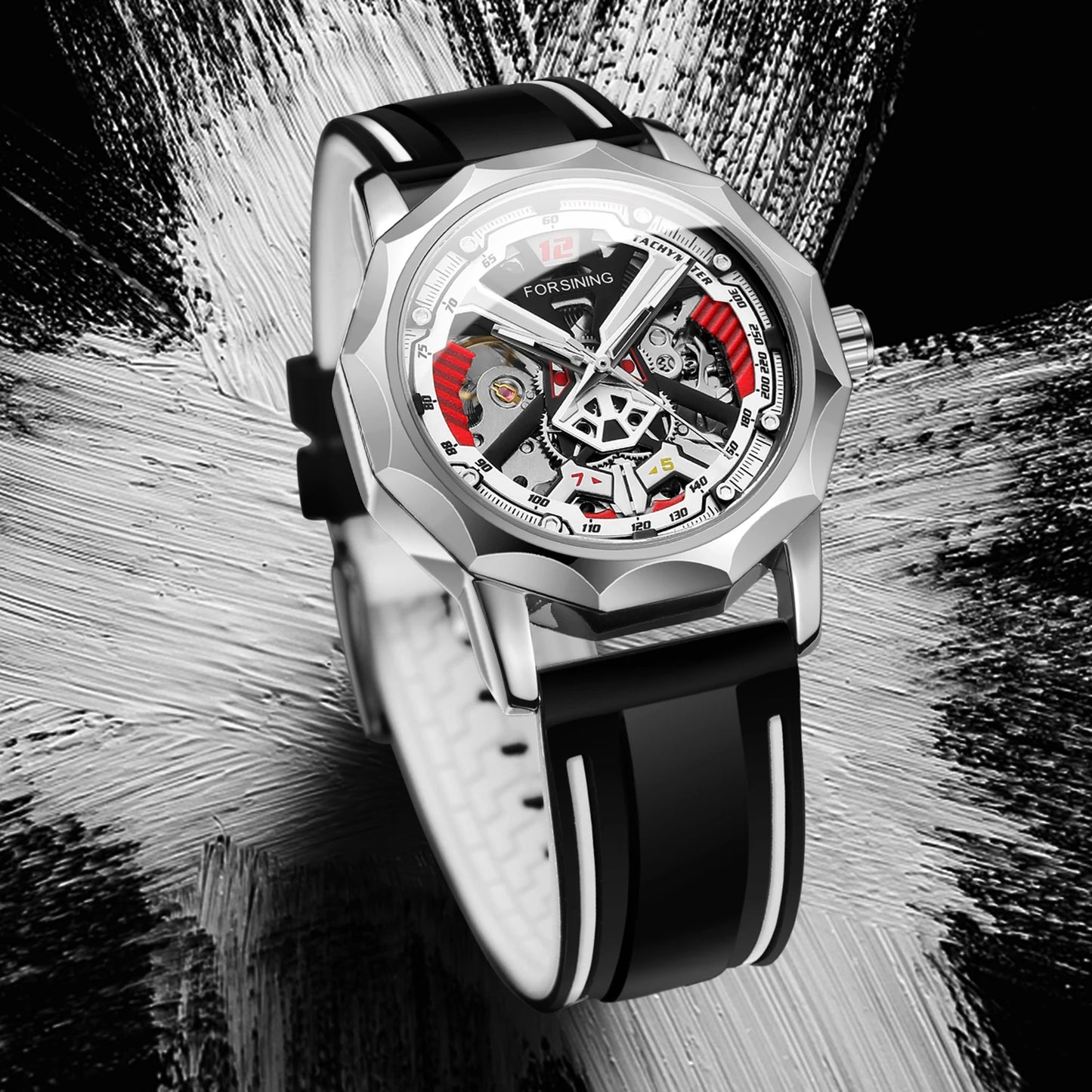 Excellence  Design Fashion Polygon Transparent Skeleton Rubber Band Men Mechanical Watch Luxury Montre Homme men