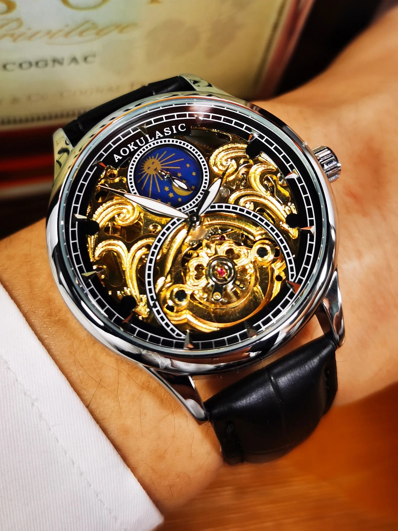 Excellence Tourbillon Men's Watches Top Brand Luxury Skeleton Automatic Mechanical Watch Casual Leather Strap Sun Phase Male Men watch