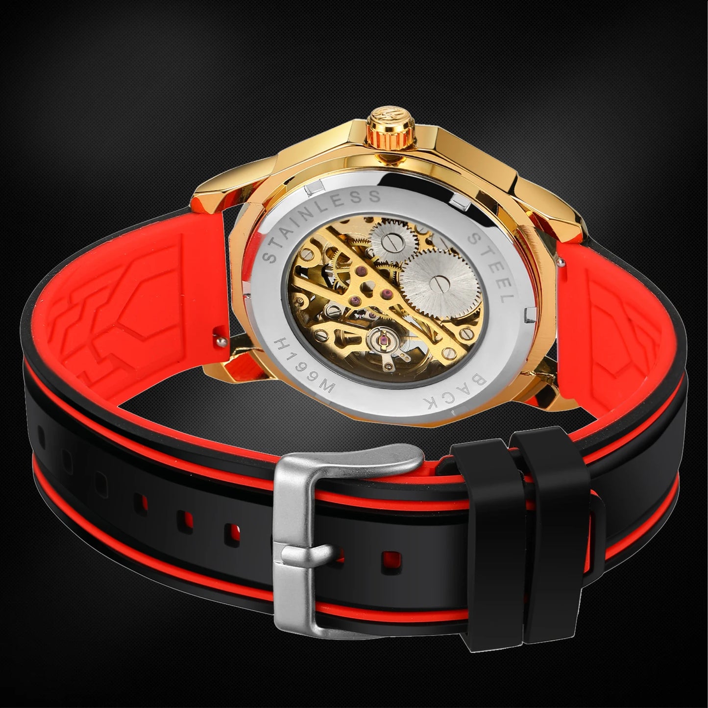 Excellence  Design Fashion Polygon Transparent Skeleton Rubber Band Men Mechanical Watch Luxury Montre Homme men