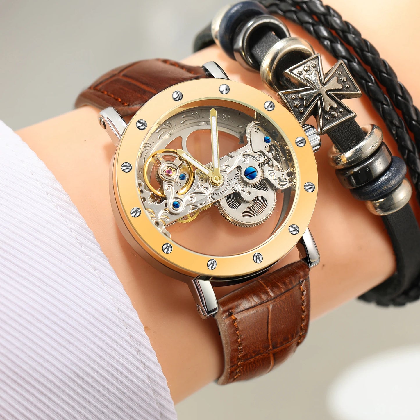 Excellence Top Brand Luxury Steel Skeleton Tourbillon Automatic Watch Men Leather Mechanical Waterproof Luminous Elegant Wrist Clock